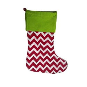 NWOT LARGE RED AND WHITE Zig Zag  CHRISTMAS STOCKING GREEN TOP RED LOOP HANGER